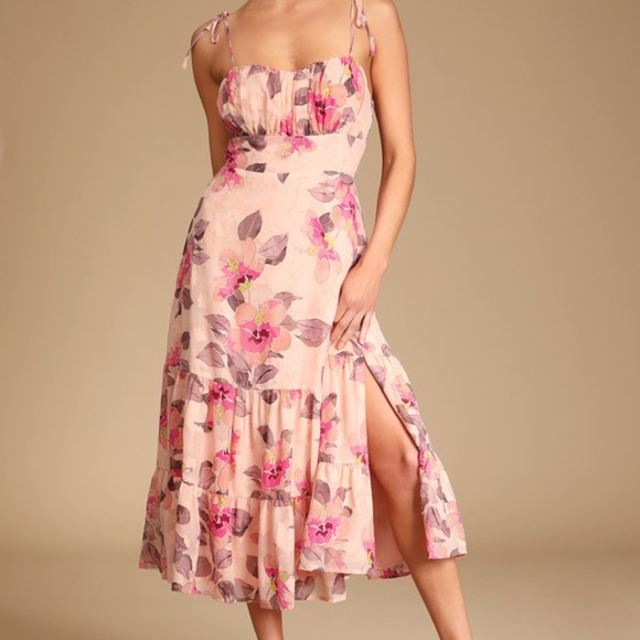 Lulus Tea Party Chic Pink Floral Print Tie-strap Tiered Midi Dress - Size XS - Picture 1 of 1